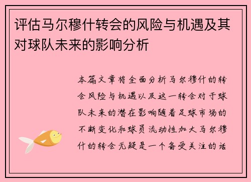 评估马尔穆什转会的风险与机遇及其对球队未来的影响分析